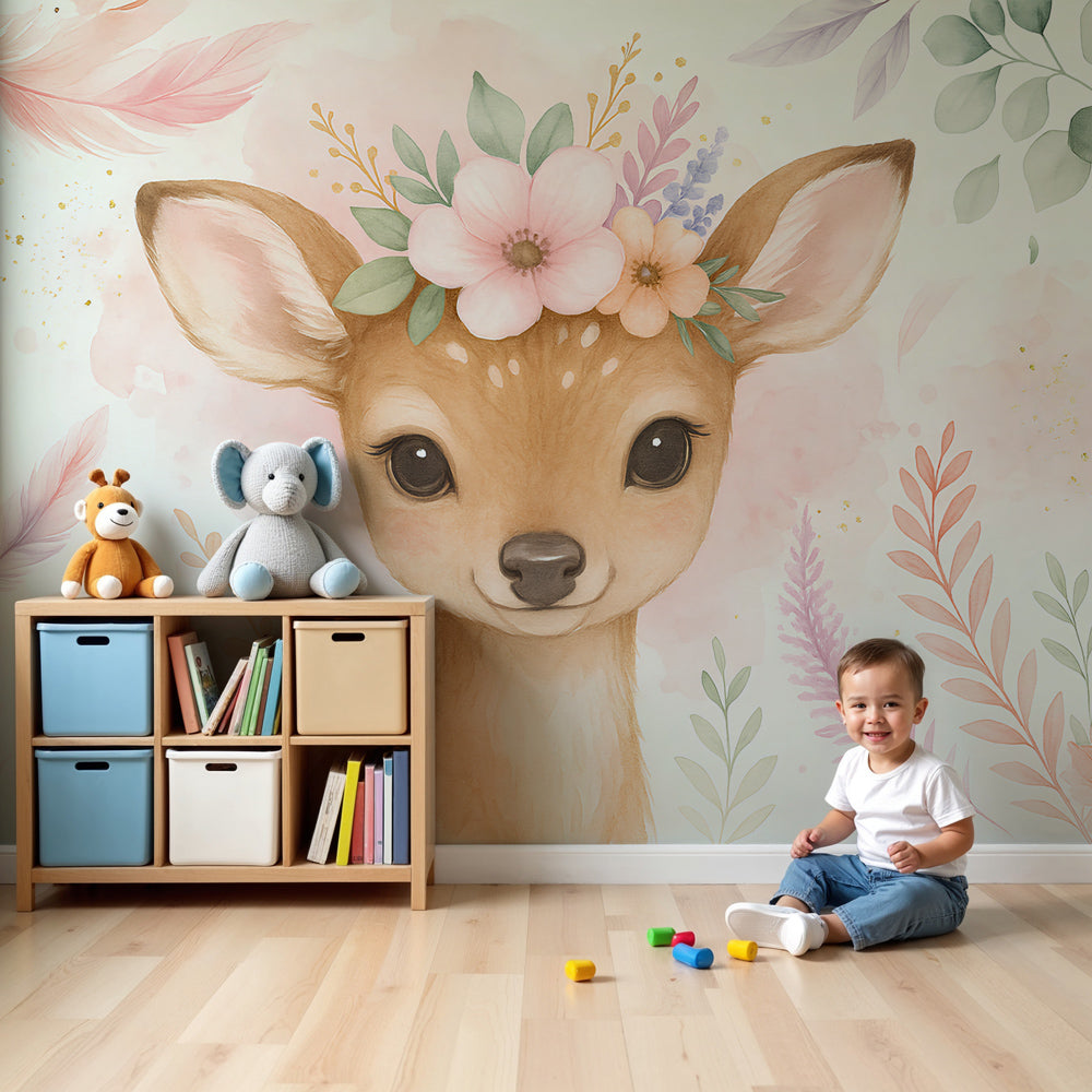 Sweet fawn floral mural wallpaper creating magical nursery atmosphere with natural wood furniture by Kids-Mundo