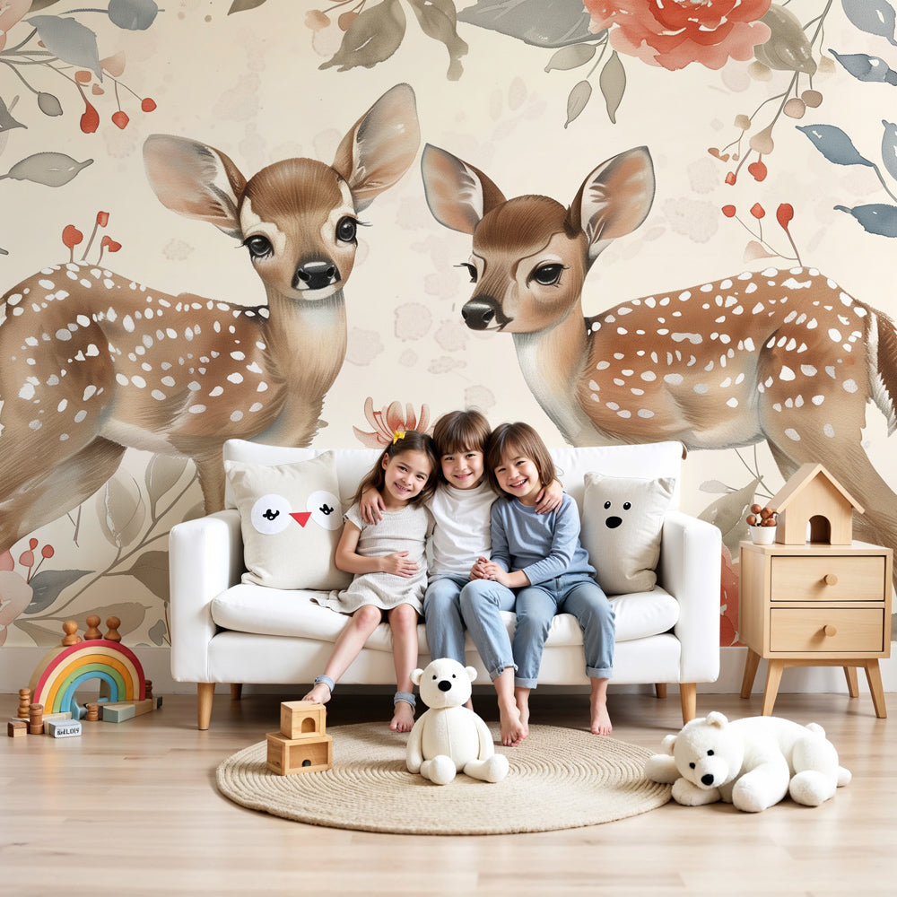Fawn floral mural wallpaper creating serene baby nursery with pastel woodland design by Kids-Mundo