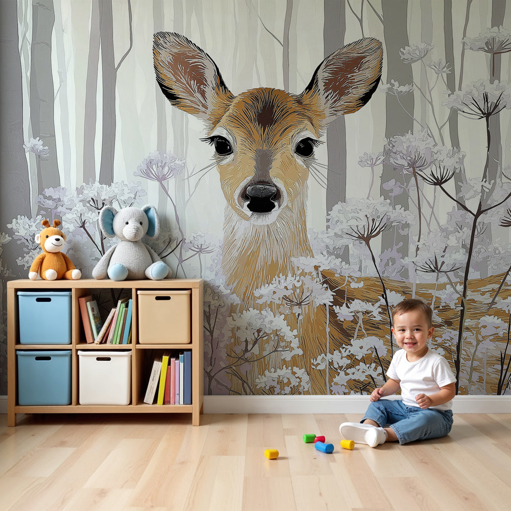 Fawn forest mural wallpaper in modern nursery room with woodland decor by Kids-Mundo