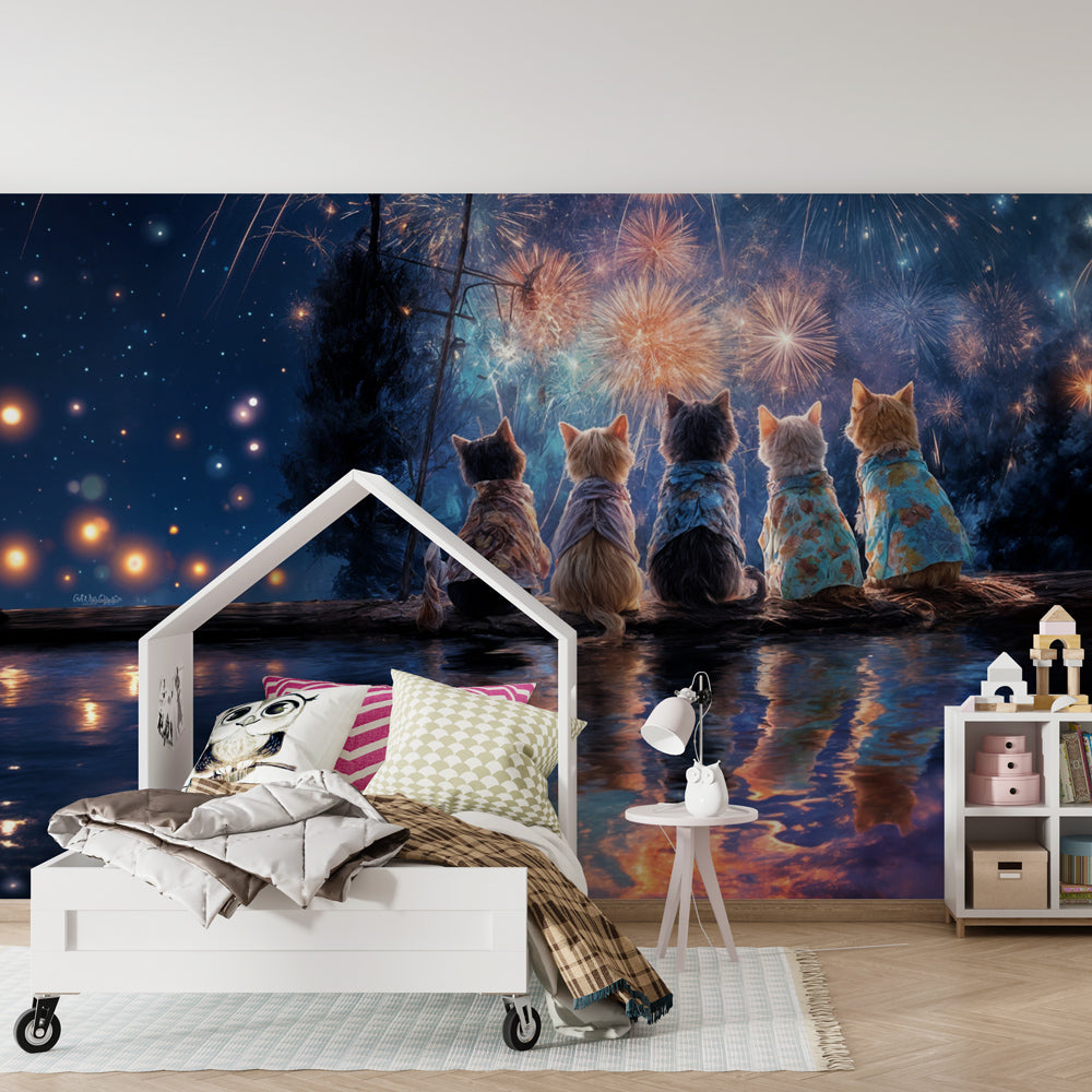 Celebration cats wallpaper creating magical atmosphere in children's bedroom