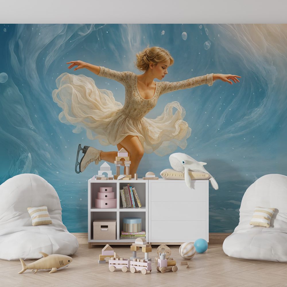 Ice skating wallpaper creating serene nursery atmosphere with graceful skater design