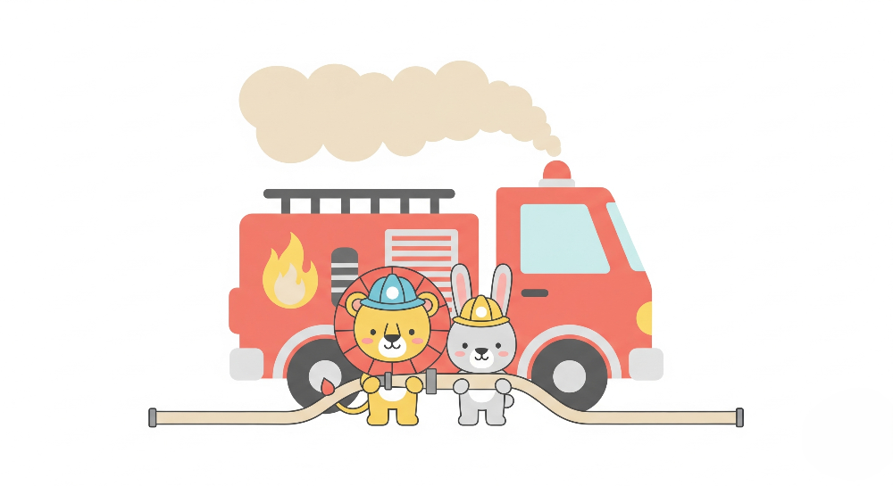 Fire Truck Rescue with Lion and Rabbit Firefighters Wall Mural