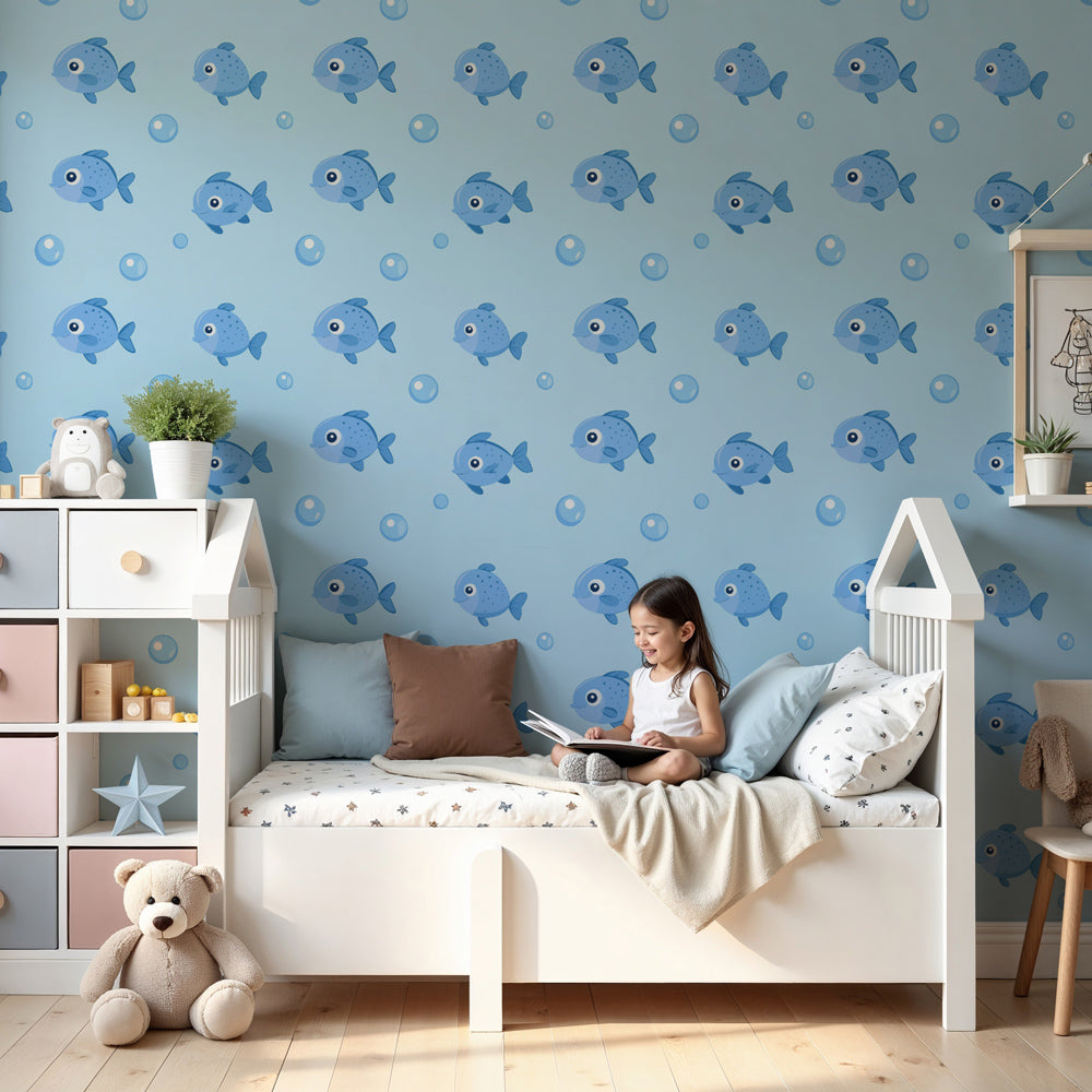 Blue fish mural wallpaper with ocean bubbles in modern nursery by Kids-Mundo