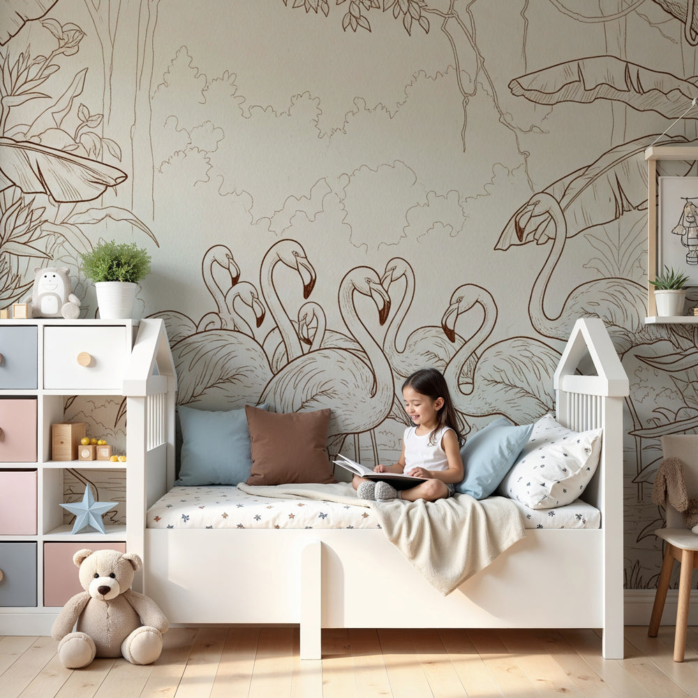 Flamingo jungle mural wallpaper decorating modern nursery with tropical pink birds by Kids-Mundo