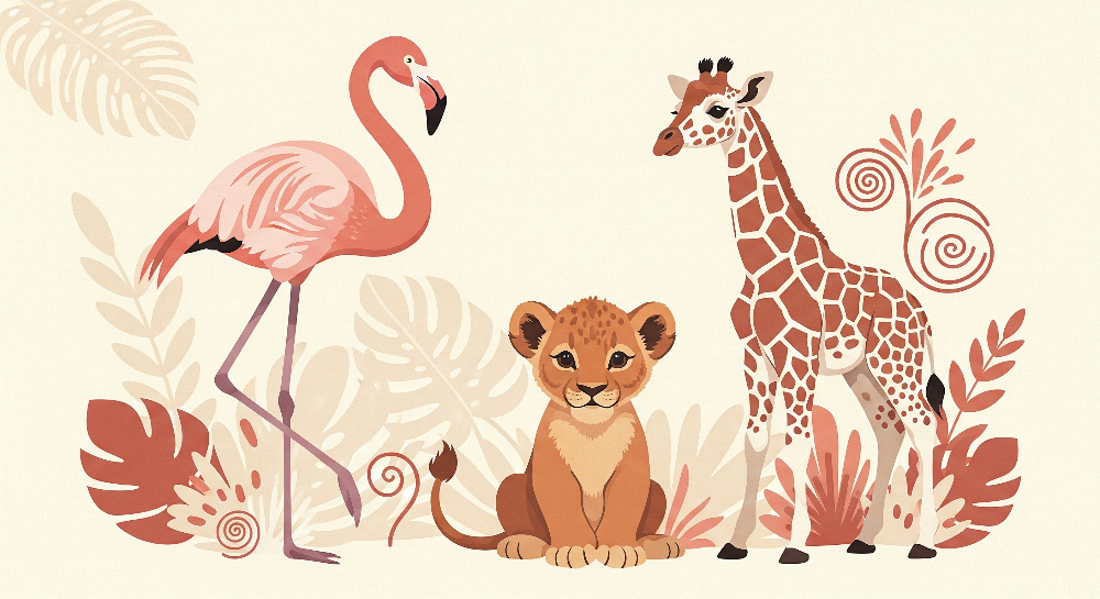 Flamingo, Lion Cub and Giraffe Wall Mural