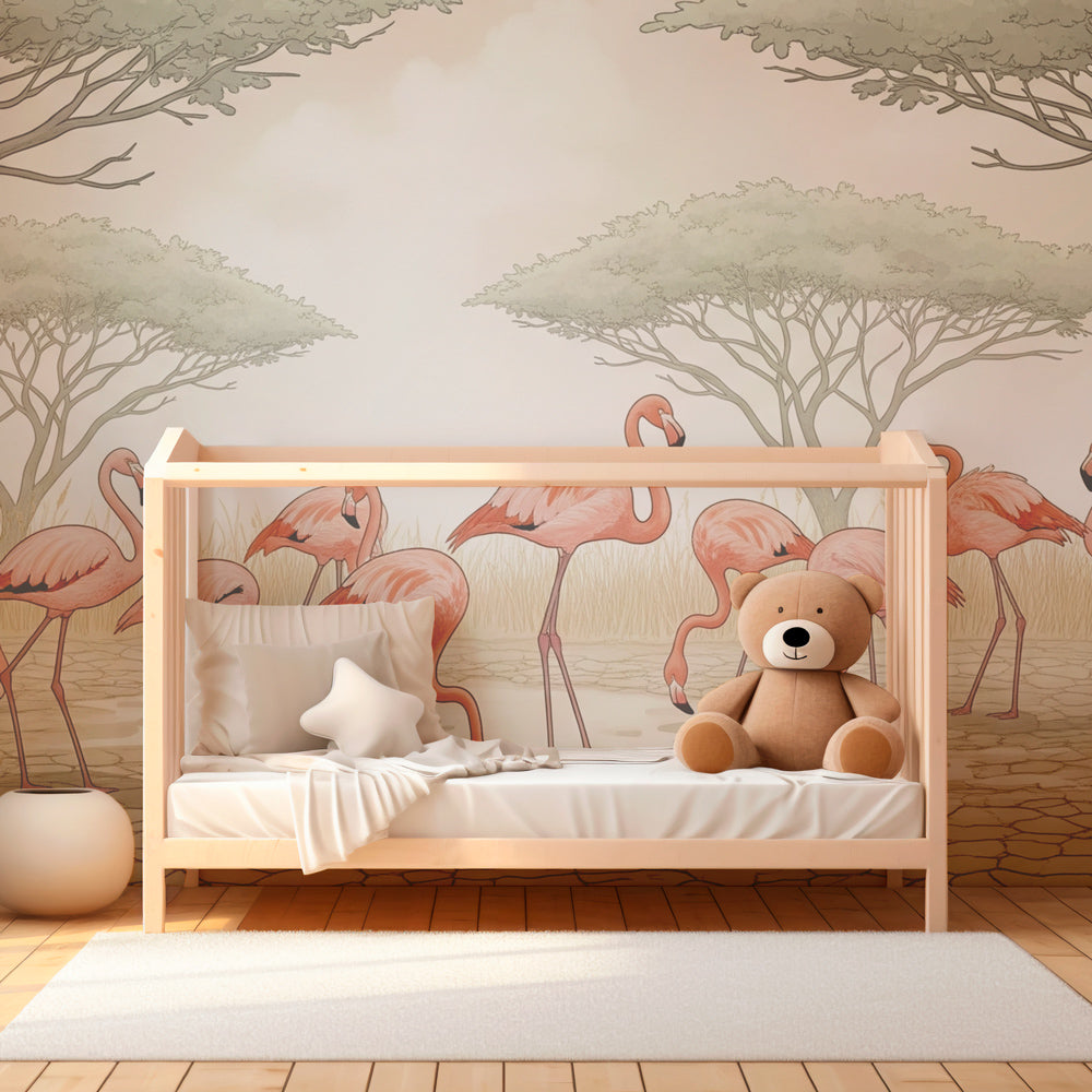 Pink flamingo wallpaper creating serene wildlife atmosphere in children's bedroom