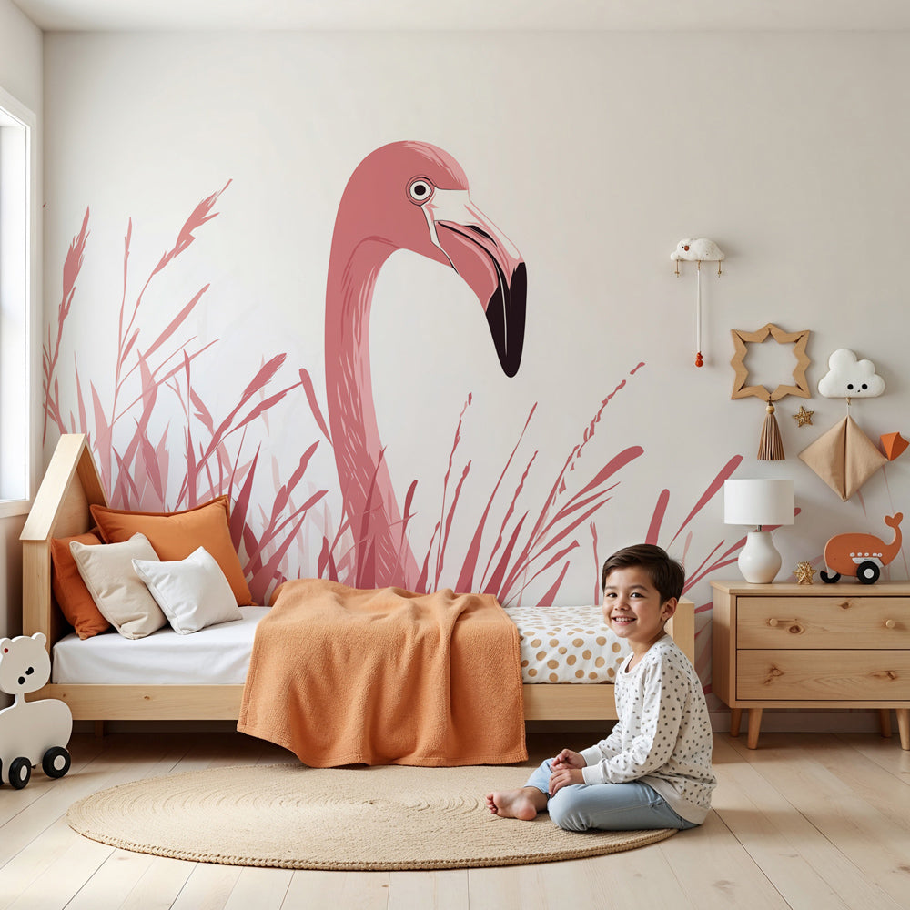Pink flamingo mural wallpaper creating serene nursery atmosphere by Kids-Mundo