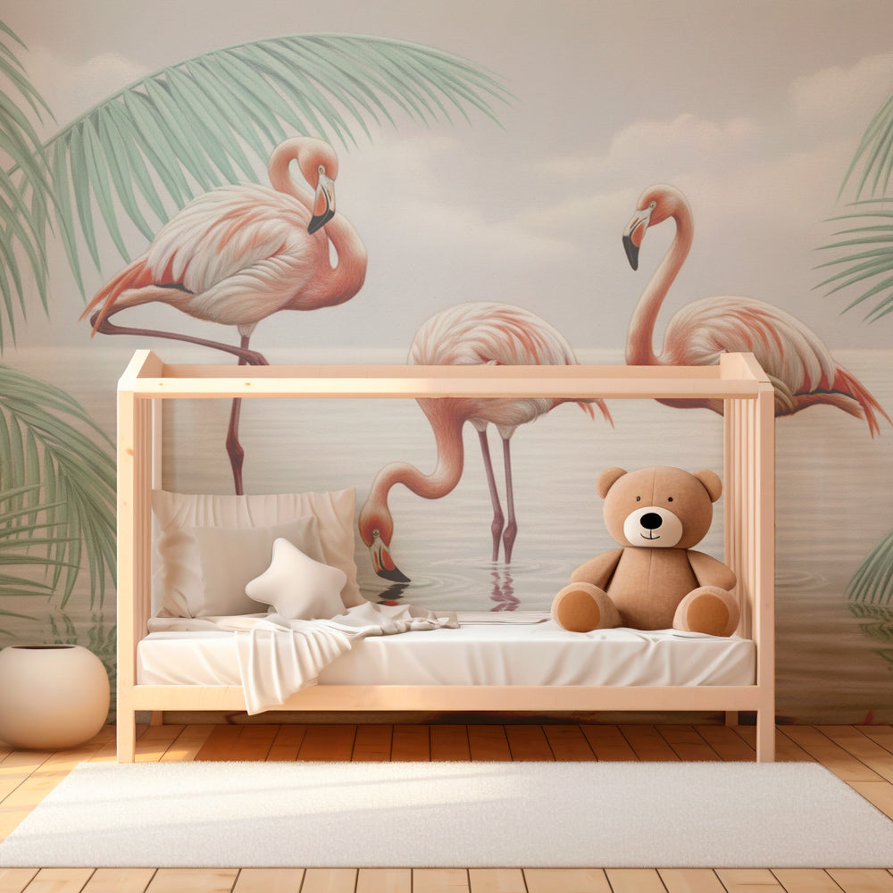 Tropical flamingo wallpaper with palm leaves in modern kids bedroom setting