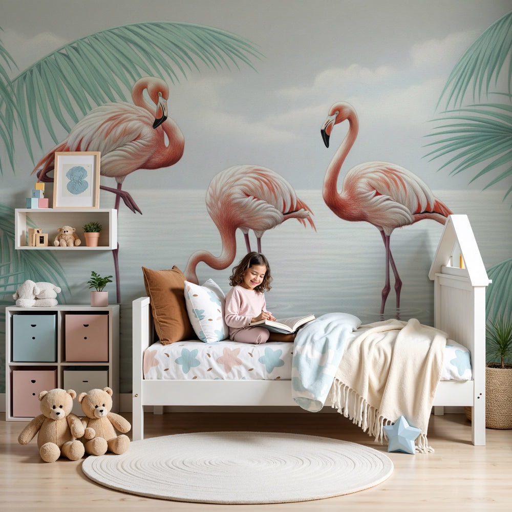 Pink flamingo tropical mural wallpaper creating serene nursery decor by Kids-Mundo