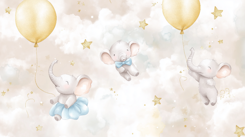 Kids-Mundo flat artwork of three baby elephants floating with gold balloons and stars