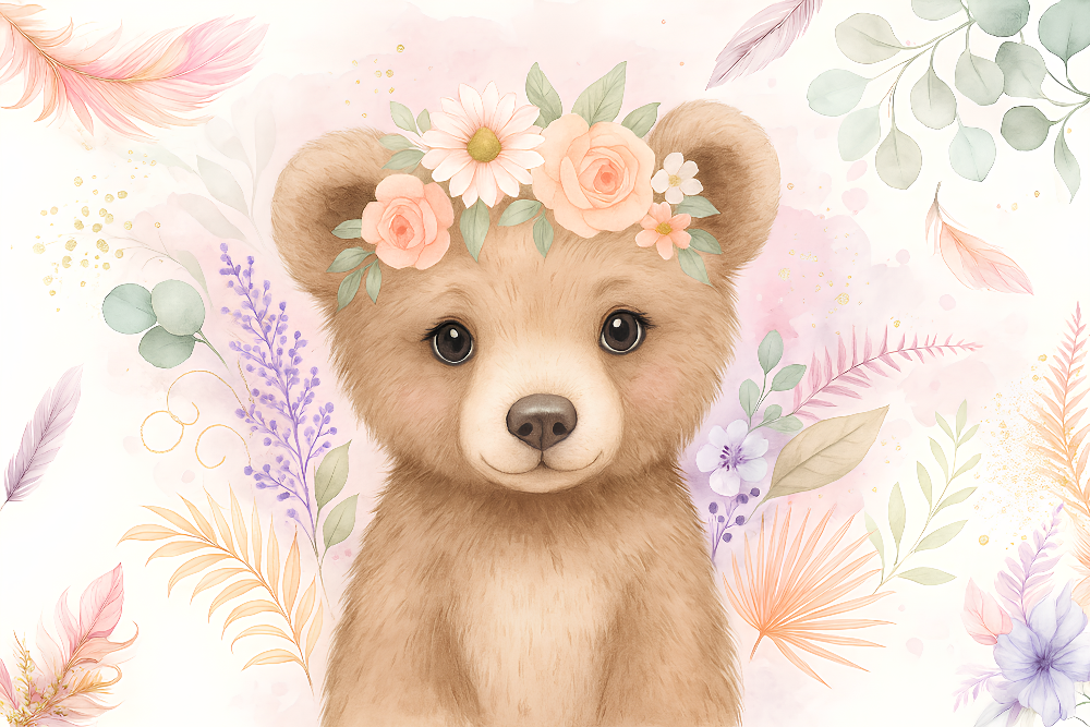 Floral Baby Bear Wall Mural