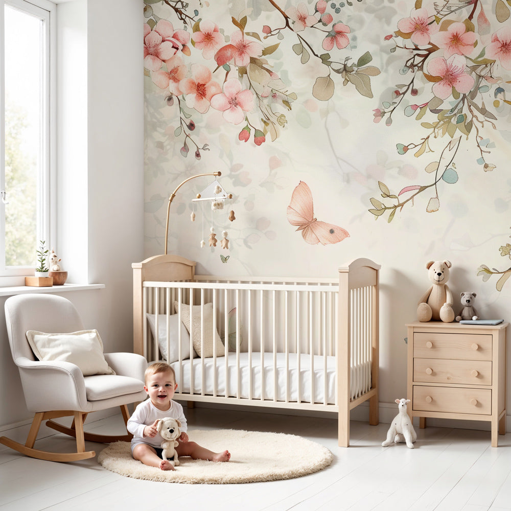 Floral butterfly mural wallpaper with pink petals in elegant baby nursery by Kids-Mundo