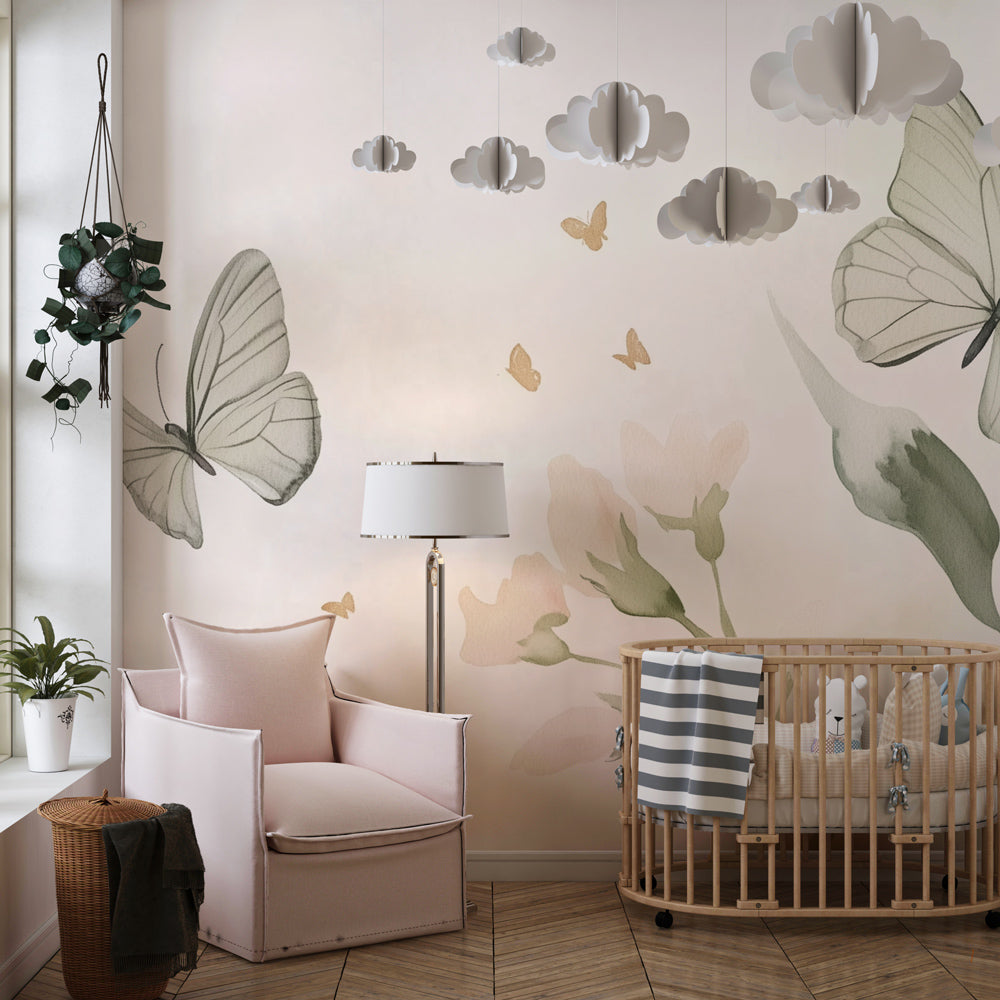 Gentle butterfly and flower wallpaper decorating peaceful baby bedroom with beige tones