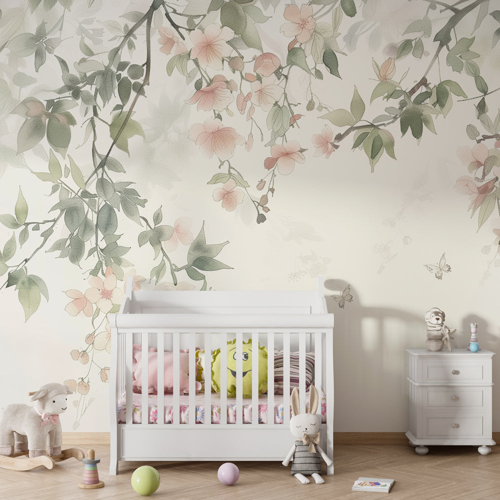 Green leaves and butterfly wallpaper creating peaceful children's bedroom decor
