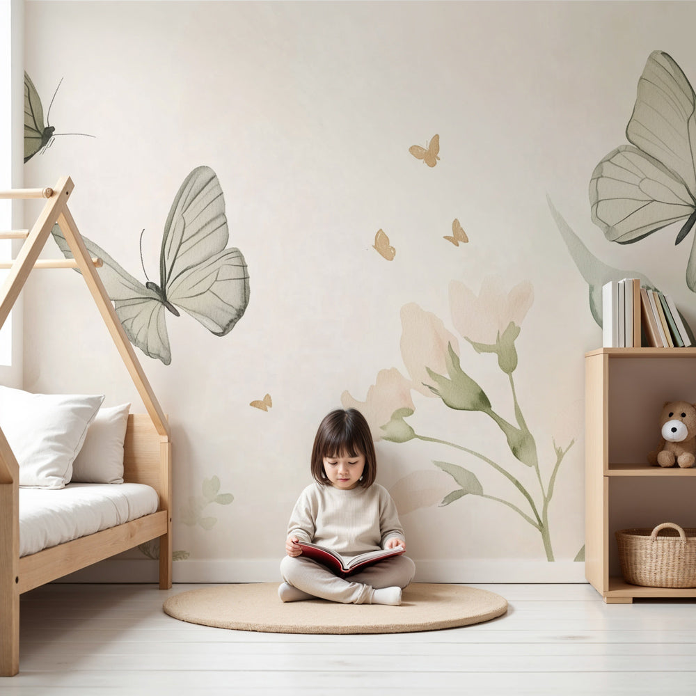 Beige floral butterfly mural wallpaper creating serene nursery atmosphere by Kids-Mundo