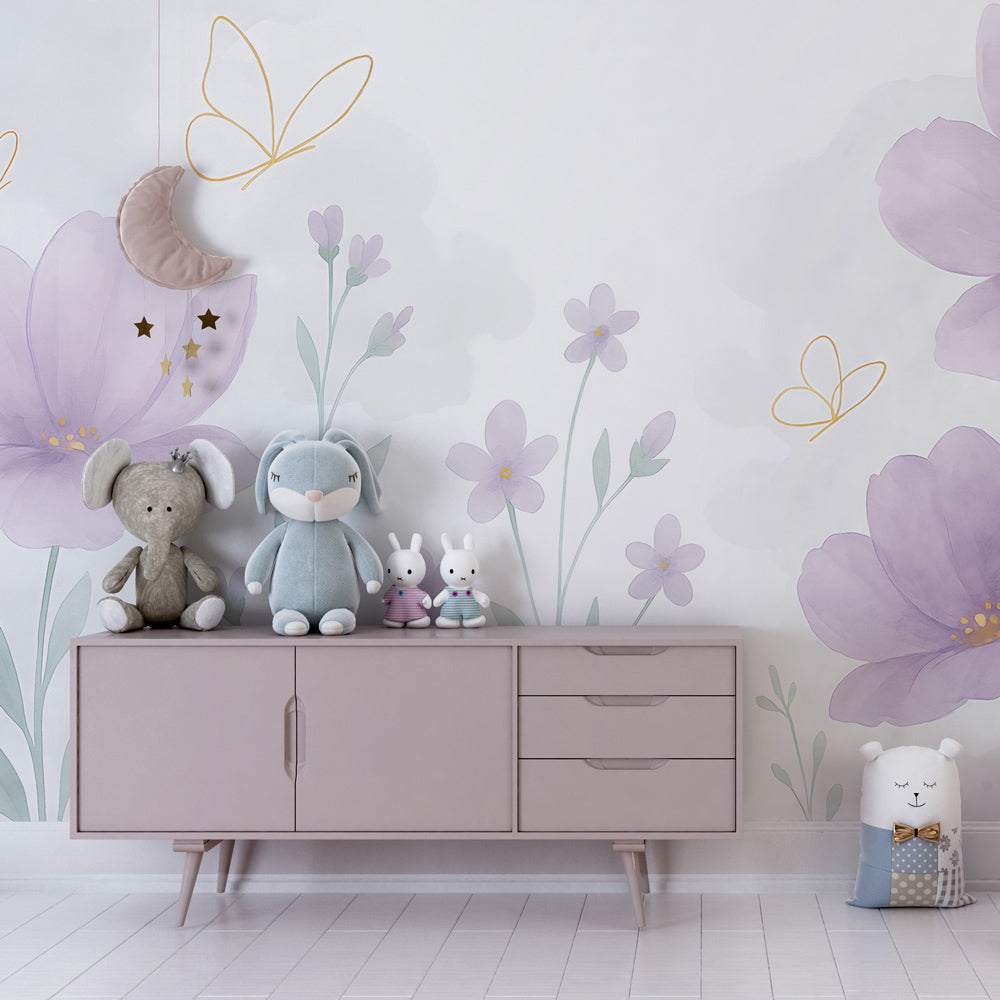 Pastel garden butterfly wallpaper creating serene atmosphere in children's bedroom decor