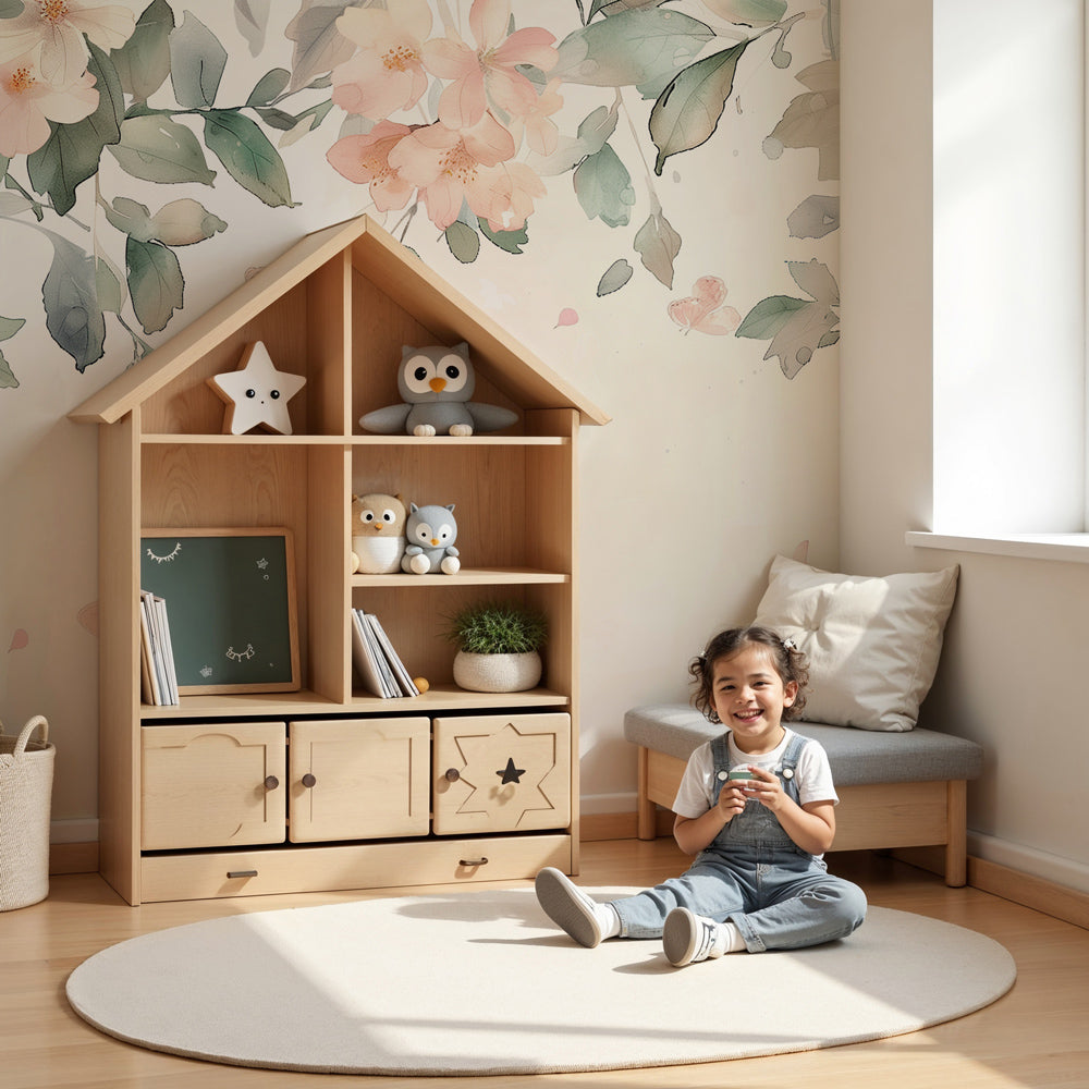 Floral butterfly mural wallpaper in pastel nursery with white crib by Kids-Mundo