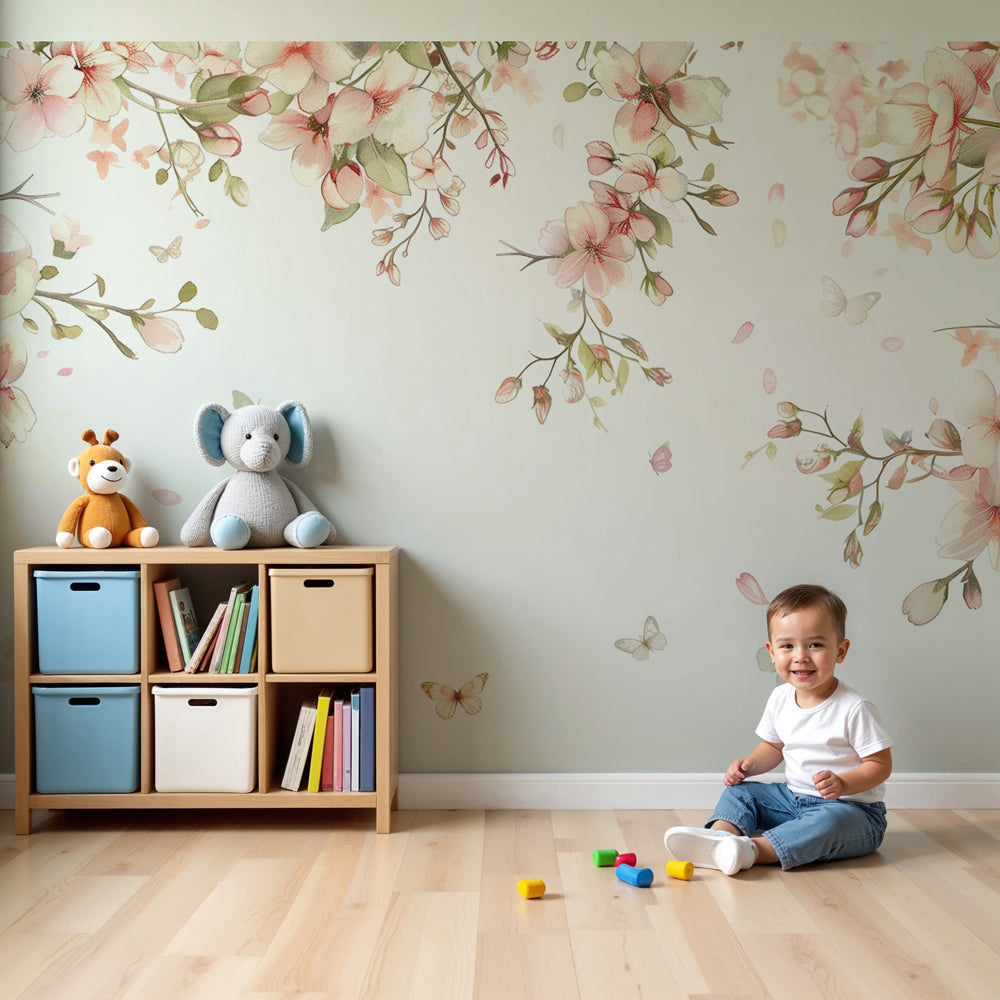 Watercolor floral butterfly mural wallpaper in modern baby nursery by Kids-Mundo