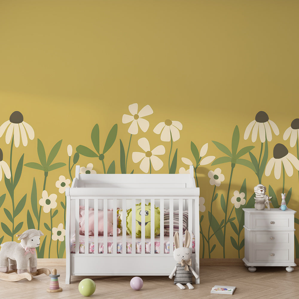 Spring flower mural wallpaper in modern kids bedroom with natural wood furniture and soft lighting