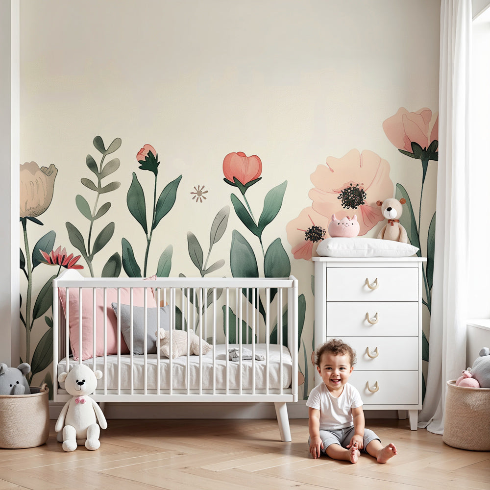 Floral garden mural wallpaper creating serene pastel nursery decor by Kids-Mundo