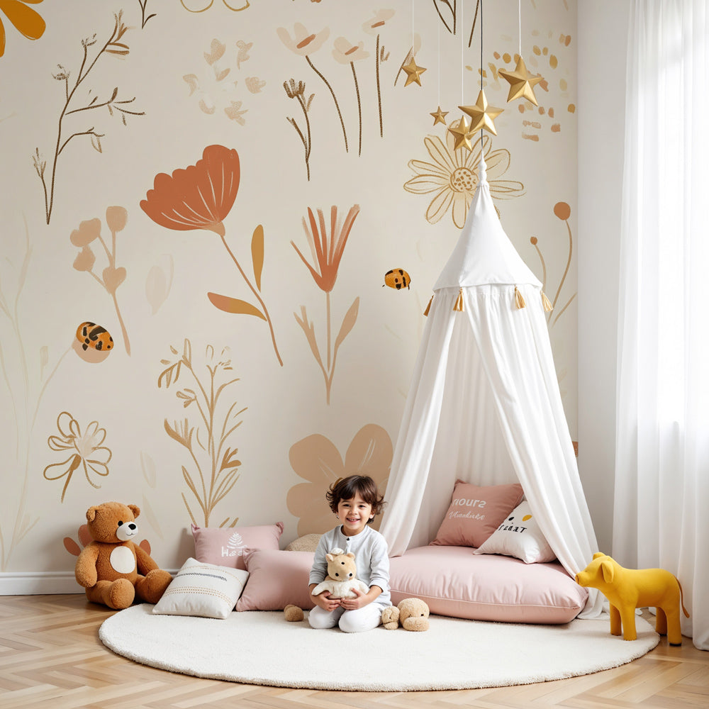 Floral garden mural wallpaper with soft butterflies in modern nursery by Kids-Mundo