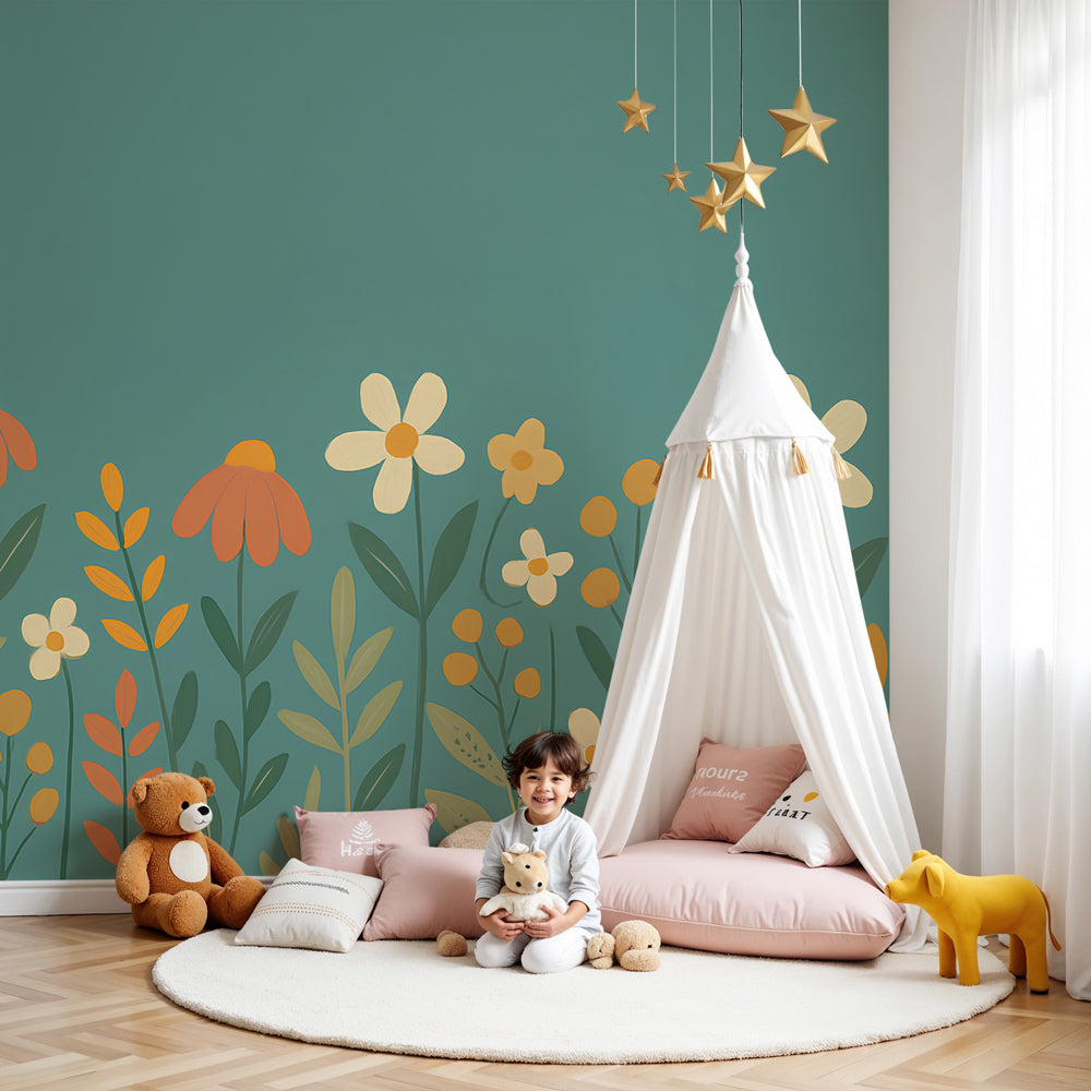 Colorful wildflower garden mural wallpaper in bright children's nursery room by Kids-Mundo