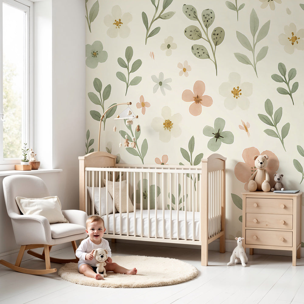 Floral garden mural wallpaper creating peaceful botanical nursery decor with soft pastel blooms by Kids-Mundo
