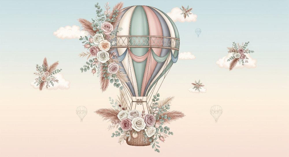 Kids-Mundo flat artwork of a floral hot air balloon with pastel clouds, ready for made-to-measure wall murals.