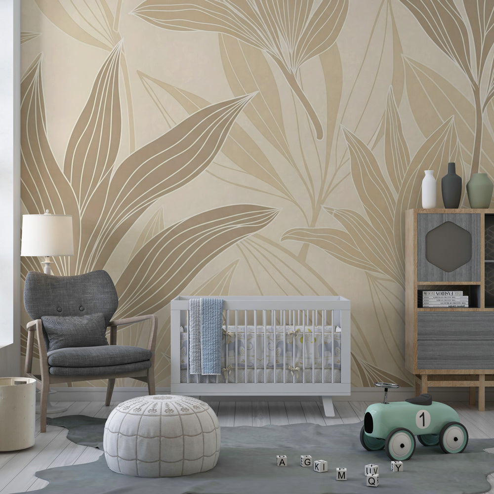 Delicate floral wallpaper transforming children's bedroom with elegant leaf motifs and natural wood furniture