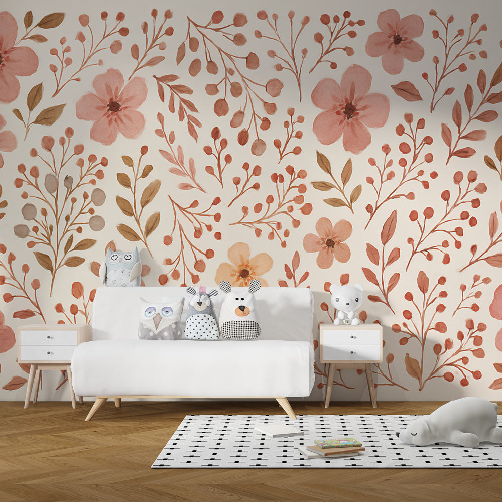 Botanical children's bedroom featuring floral mural wallpaper with gentle foliage patterns by Kids-Mundo