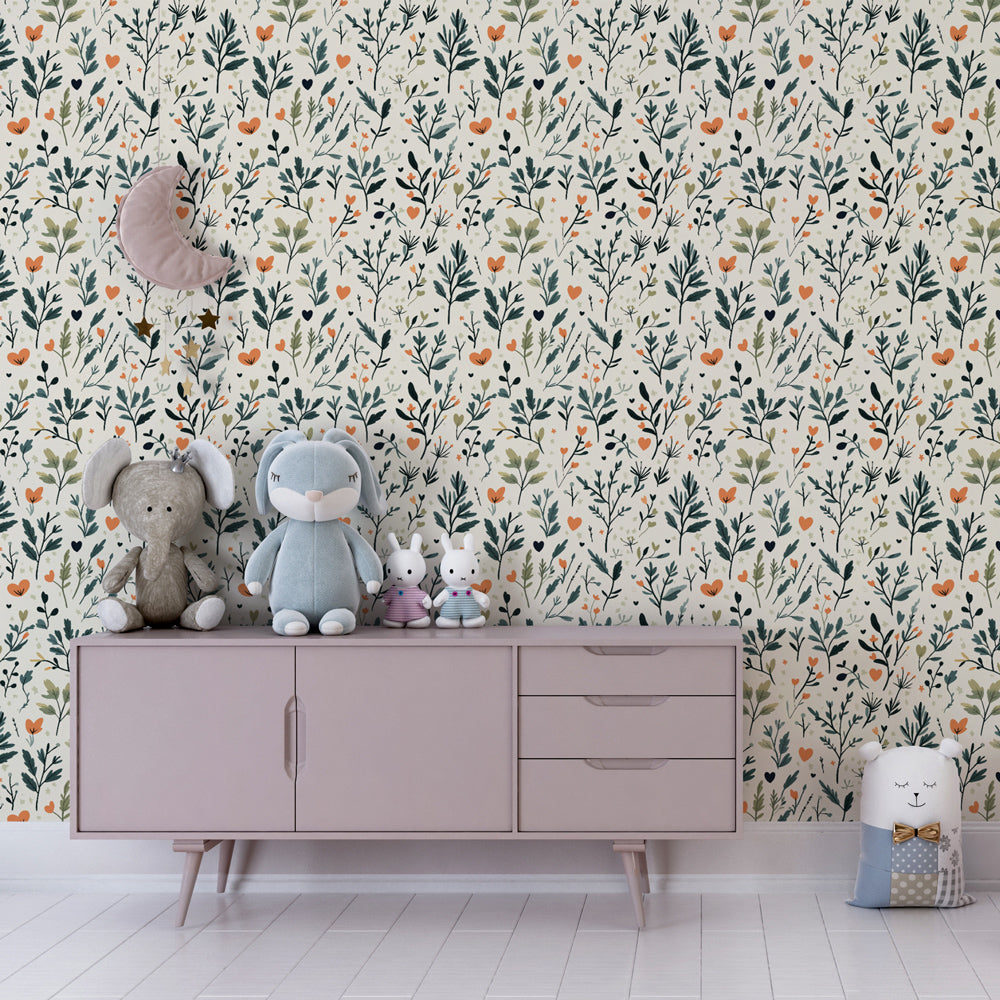 Botanical floral wallpaper creating serene atmosphere in children's bedroom interior