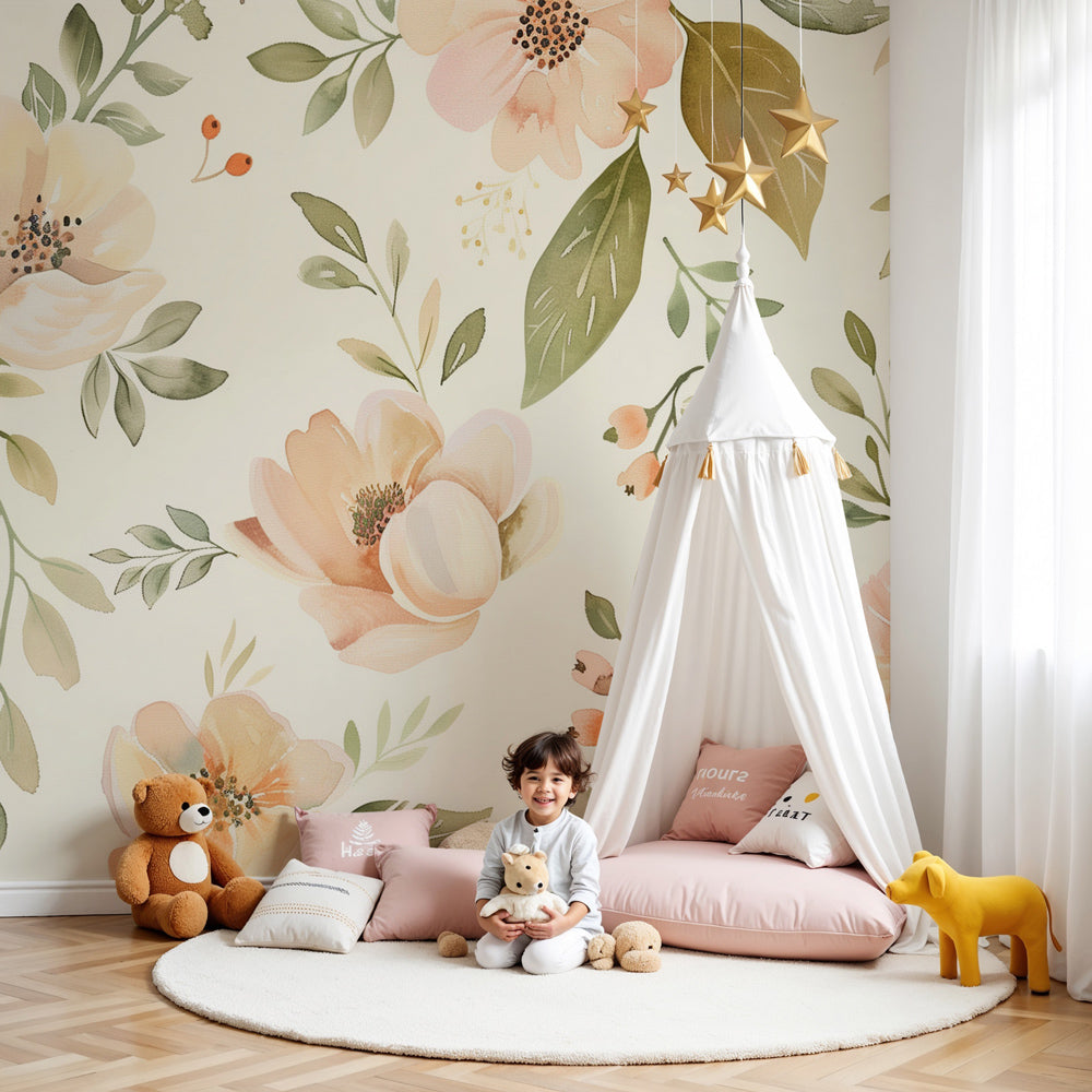 Soft beige floral mural wallpaper creating peaceful baby nursery decor by Kids-Mundo