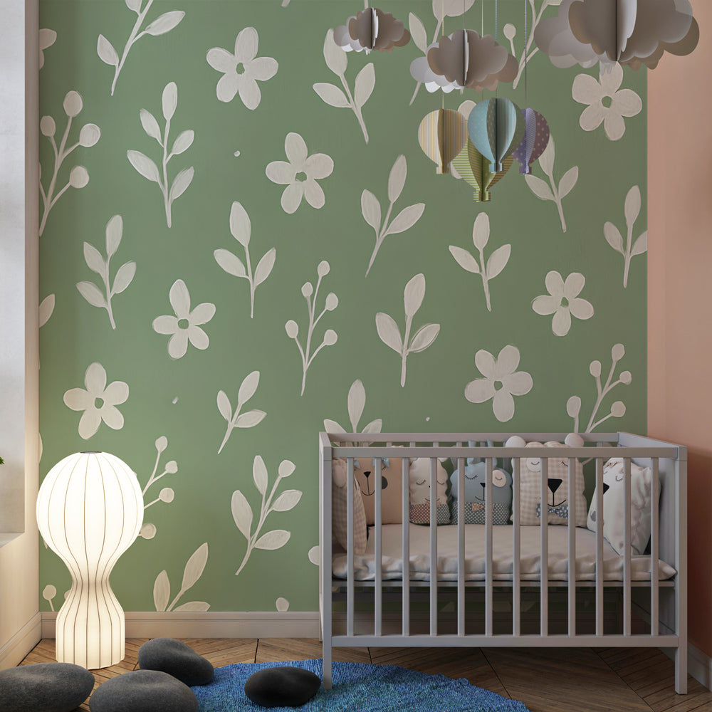Garden-themed floral wallpaper transforming kids bedroom with botanical white flower design