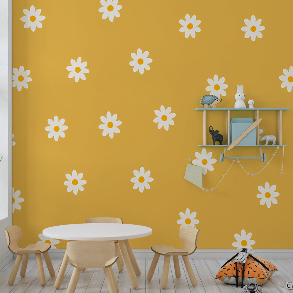 White daisy floral mural wallpaper creating cheerful children's bedroom decor