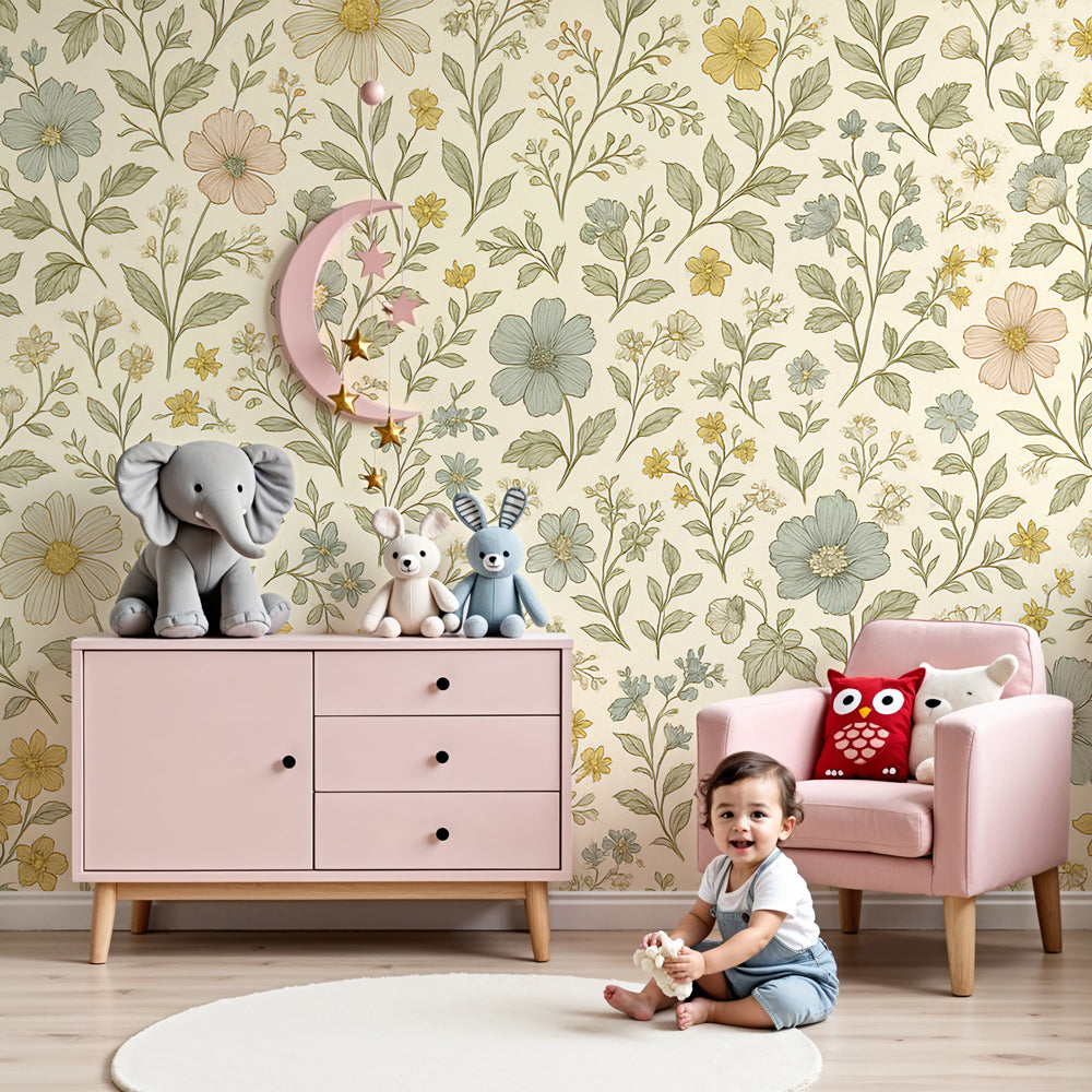 Delicate floral mural wallpaper creating serene nursery atmosphere with beige and green nature design by Kids-Mundo