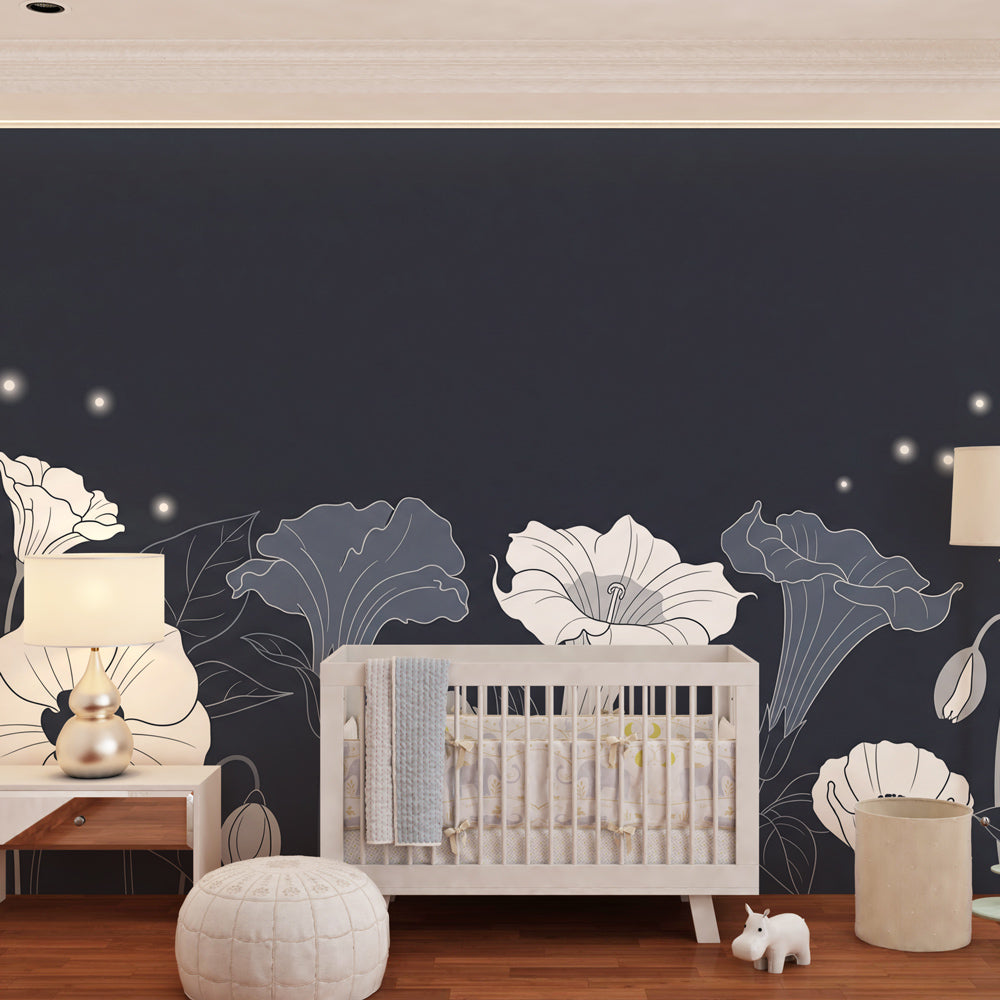 Night blooms floral wallpaper transforming nursery into enchanted garden with elegant dark background