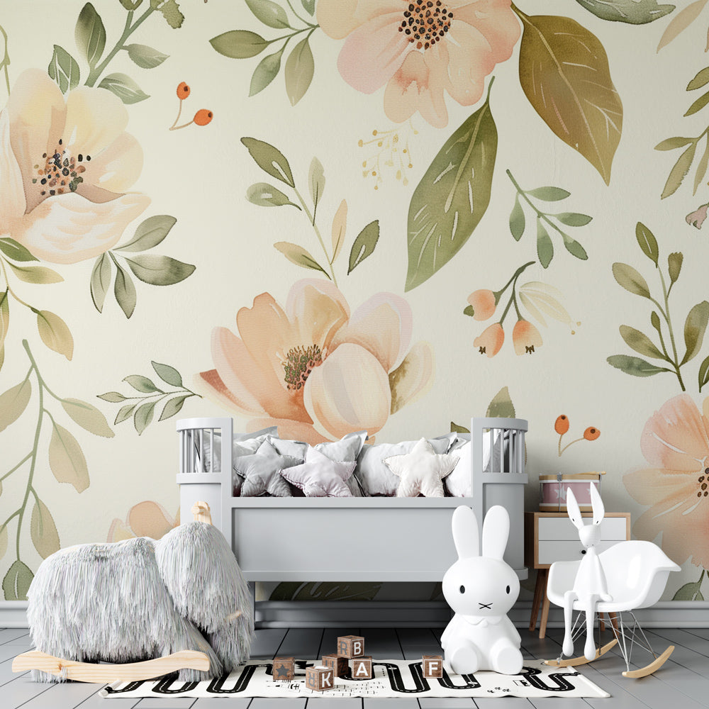 Delicate botanical wallpaper with beige tones transforming modern baby room interior