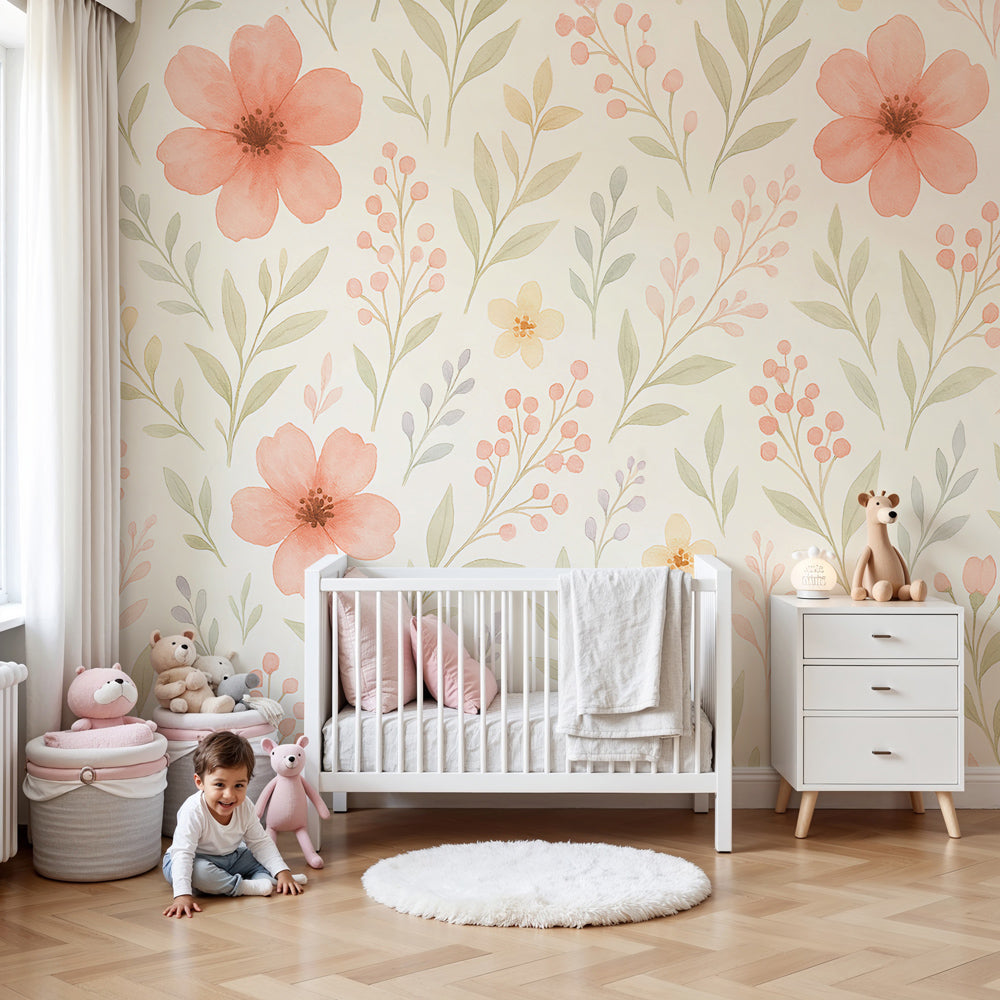 Delicate floral mural wallpaper creating serene pastel nursery atmosphere by Kids-Mundo