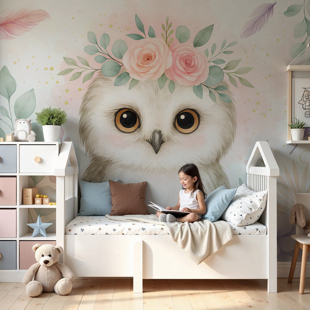 Floral owl mural wallpaper in soft pastels decorating modern nursery with crib by Kids-Mundo