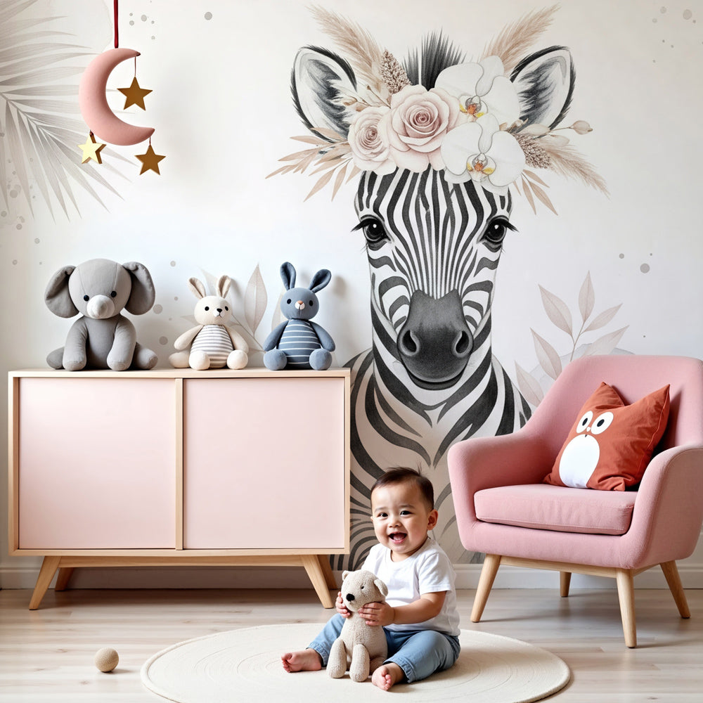 Floral zebra mural wallpaper creating serene nursery atmosphere with natural wood crib by Kids-Mundo