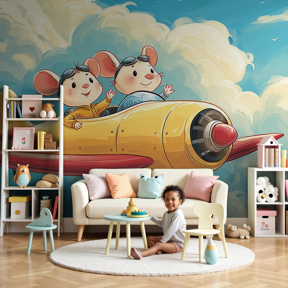 Flying mice pilot mural wallpaper in bright nursery with white crib by Kids-Mundo