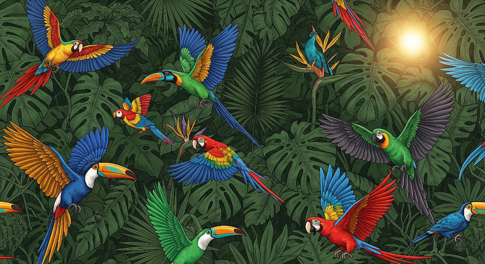 Colourful Flying Parrots Jungle Wall Mural