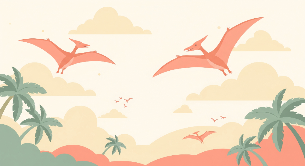 Kids-Mundo flat artwork of coral pterodactyls flying over a sunny jungle sky