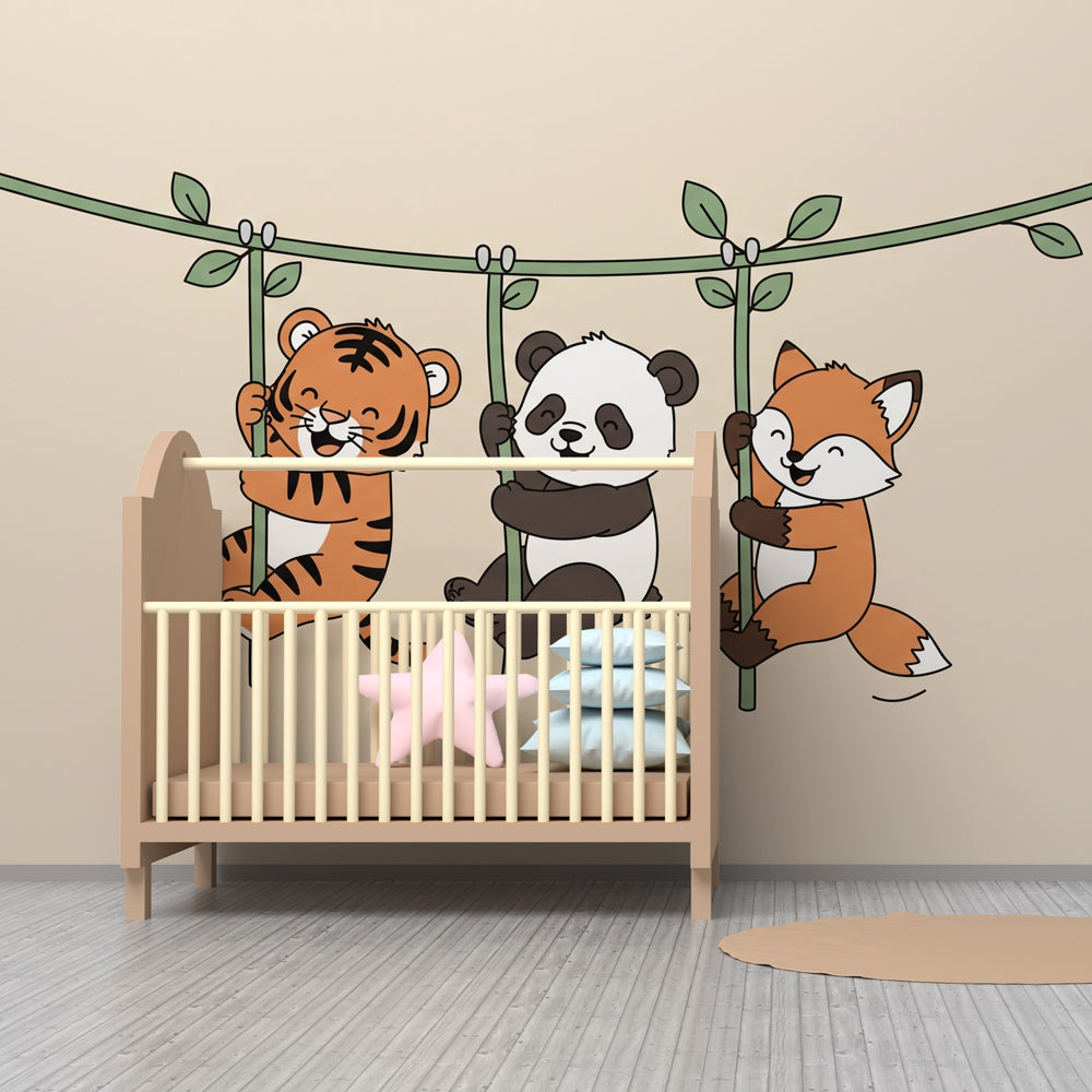 Playful woodland animals wallpaper creating cozy atmosphere in baby bedroom decor