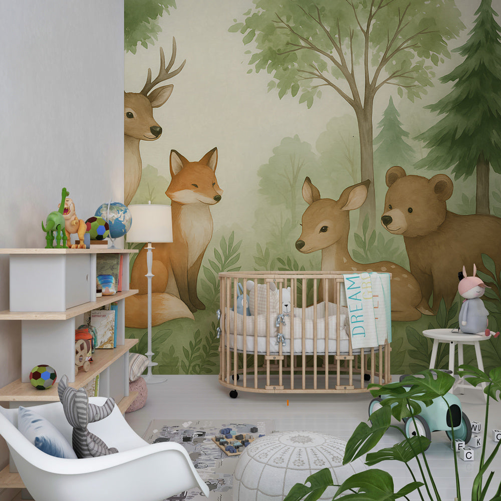 Woodland harmony mural wallpaper creating magical kids bedroom atmosphere with deer and forest animals