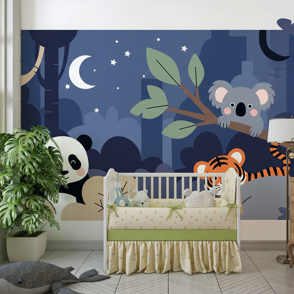 Nocturnal wildlife wallpaper creating magical kids bedroom with starlit forest animals design