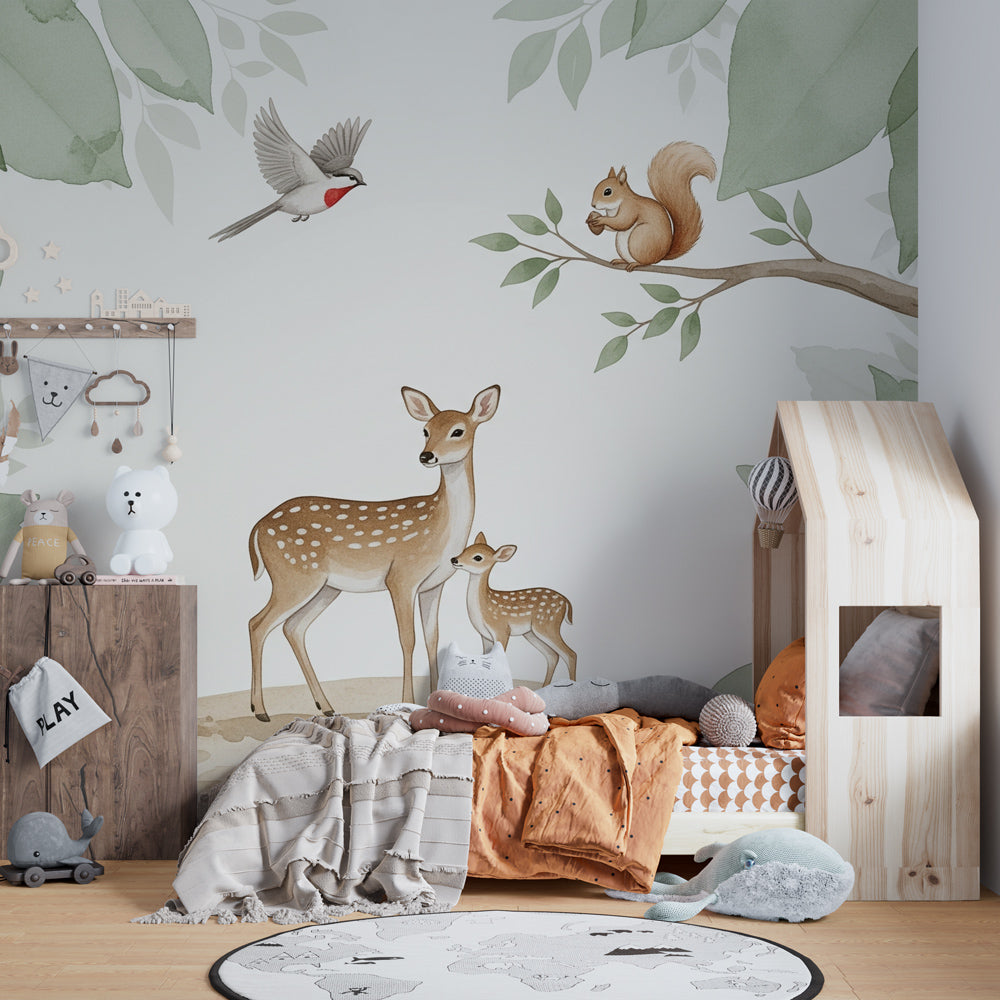 Gentle deer and woodland creatures wallpaper creating serene children's bedroom decor