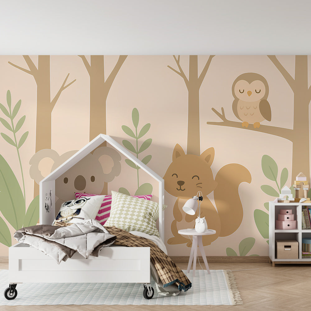 Cute woodland animals wallpaper creating peaceful atmosphere in children's bedroom decor