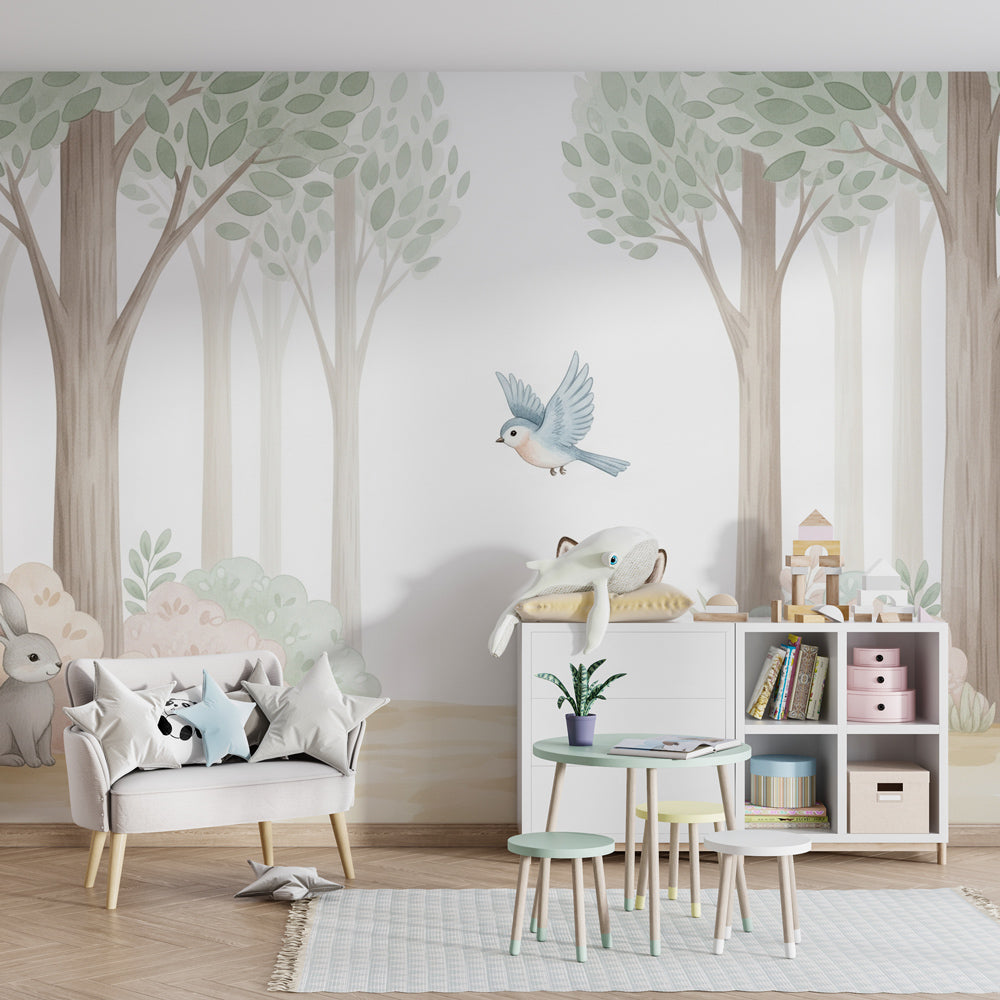 Enchanted woodland mural wallpaper transforming children's bedroom into forest sanctuary