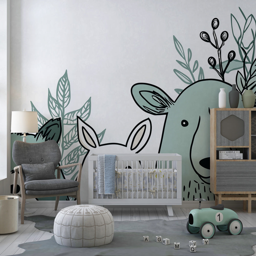 Green woodland animals wallpaper creating serene kids bedroom atmosphere with natural decor